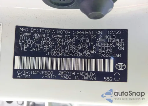 2023 Toyota Corolla Hybrid Le from USA, damaged, VIN JTDBCMFE3P3008130
